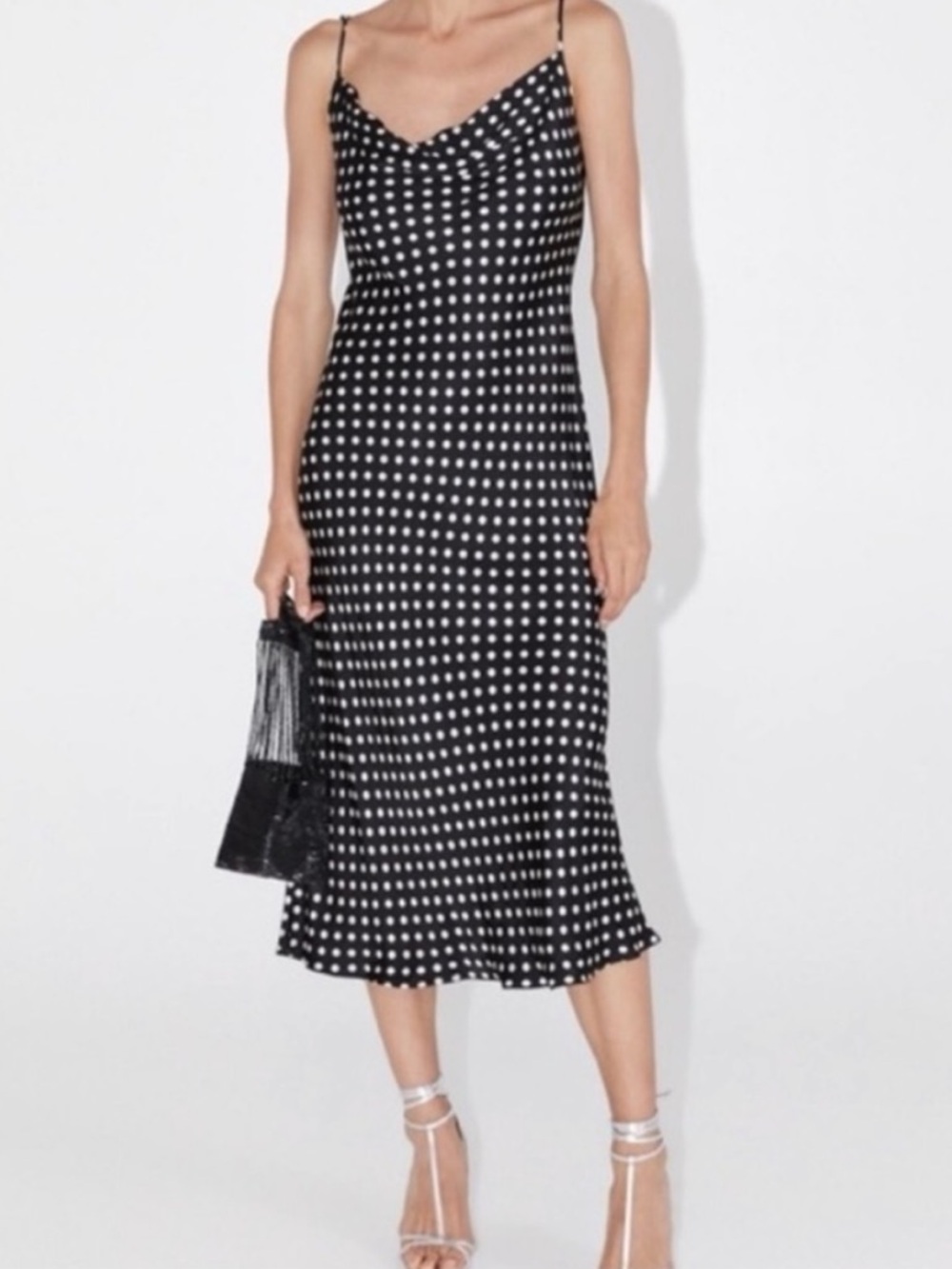 Zara Black and White Polka Dot Slip Midi Dress with Cowl Neck Size L